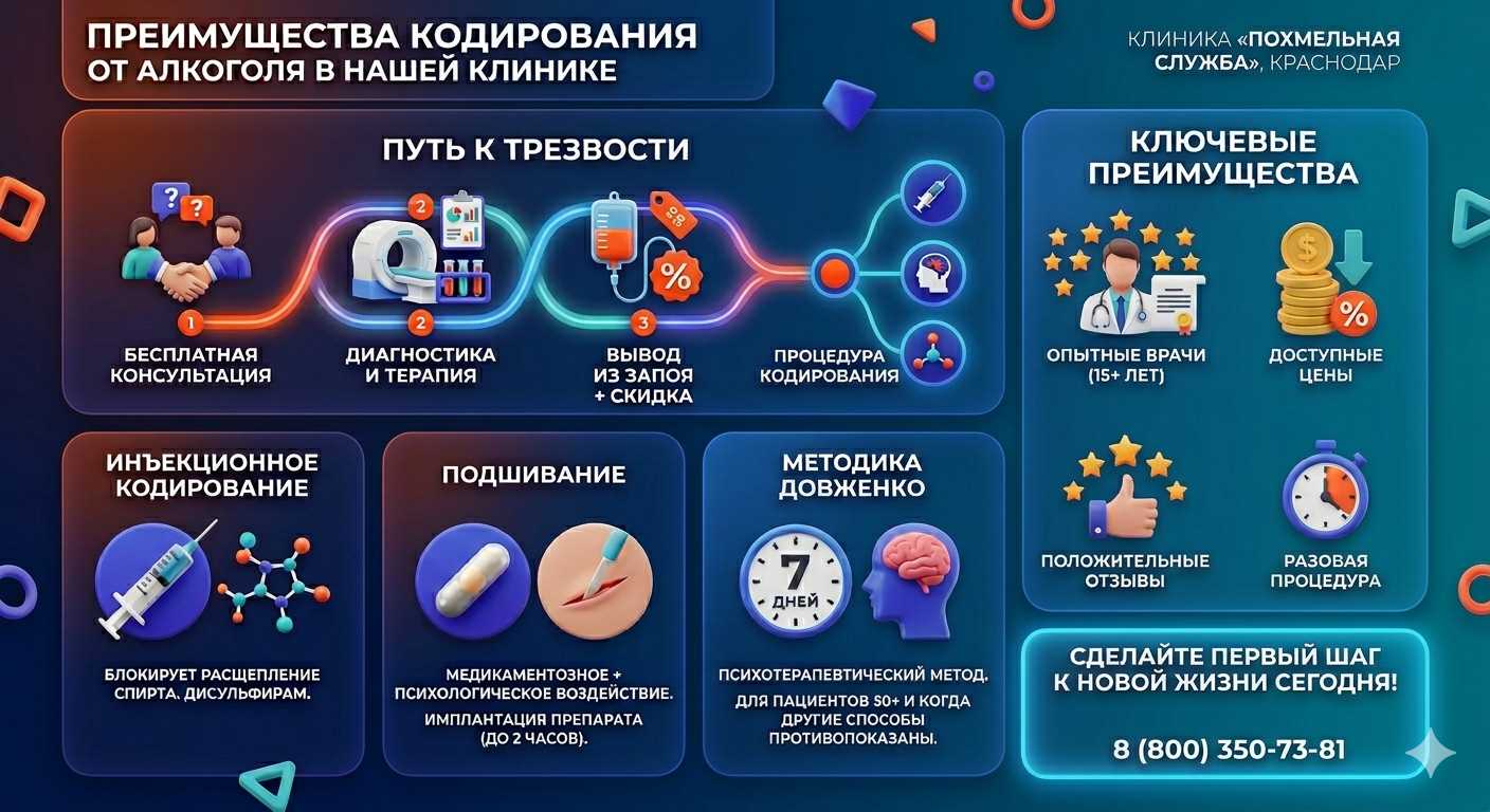 Инфографика о методах кодирования от алкоголя в Архонской: инъекции, подшивание, метод Довженко. Преимущества клиники и этапы лечения.