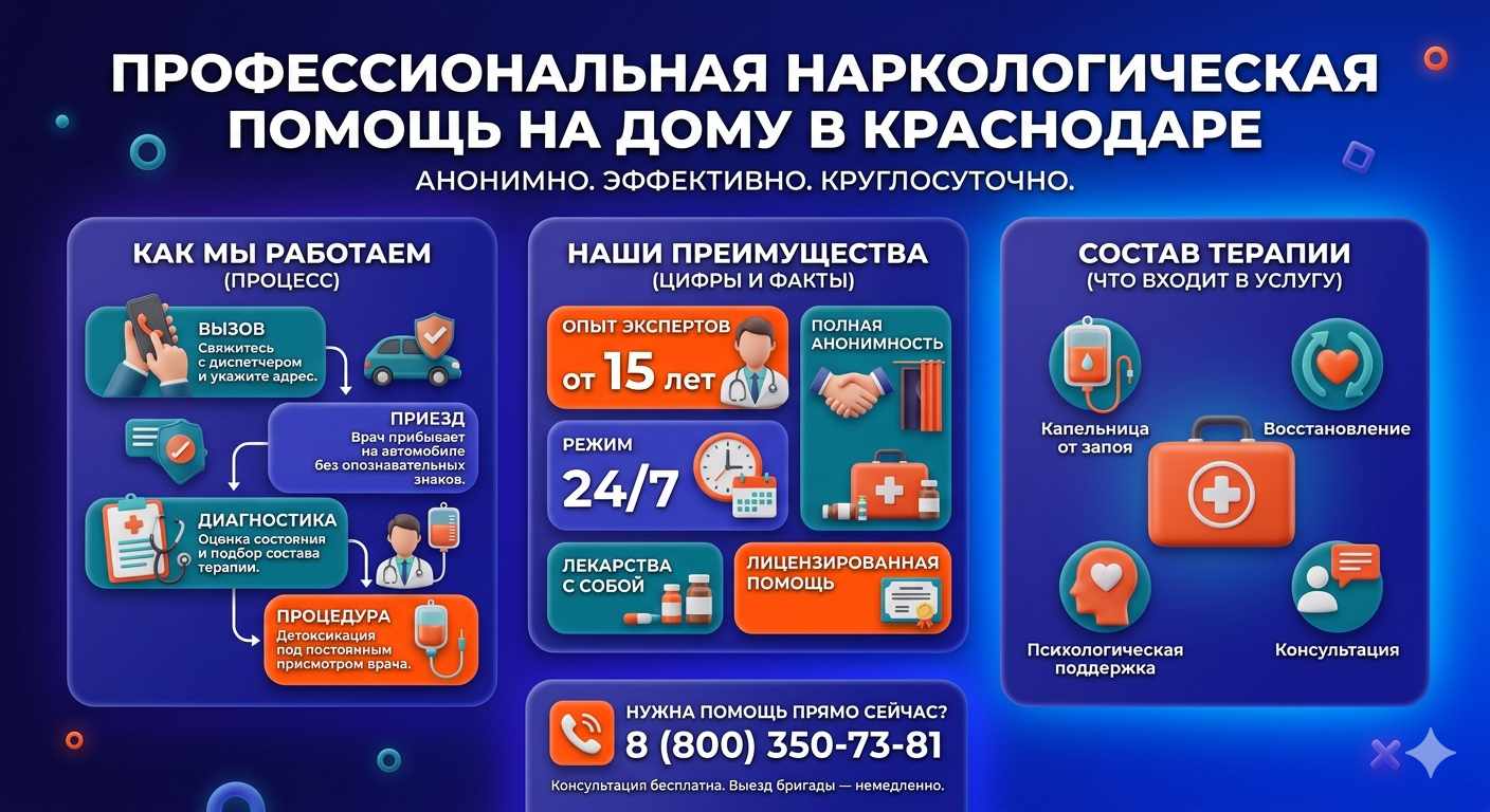 Инфографика о принципах лечения алкоголизма на дому в Архонской: этапы вызова нарколога, преимущества анонимной детоксикации и состав медицинской помощи.
